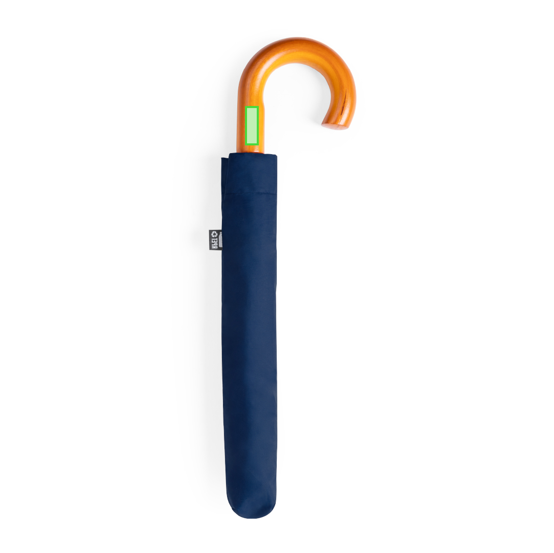 Paraguas plegable de línea nature en pongee RPET 190T con mango curvado de madera y funda RPET a juego