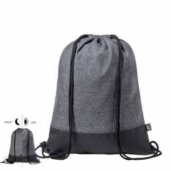 Mochila de cuerdas reflectante de RPET 600D en combinación negro y gris con retro-reflexión