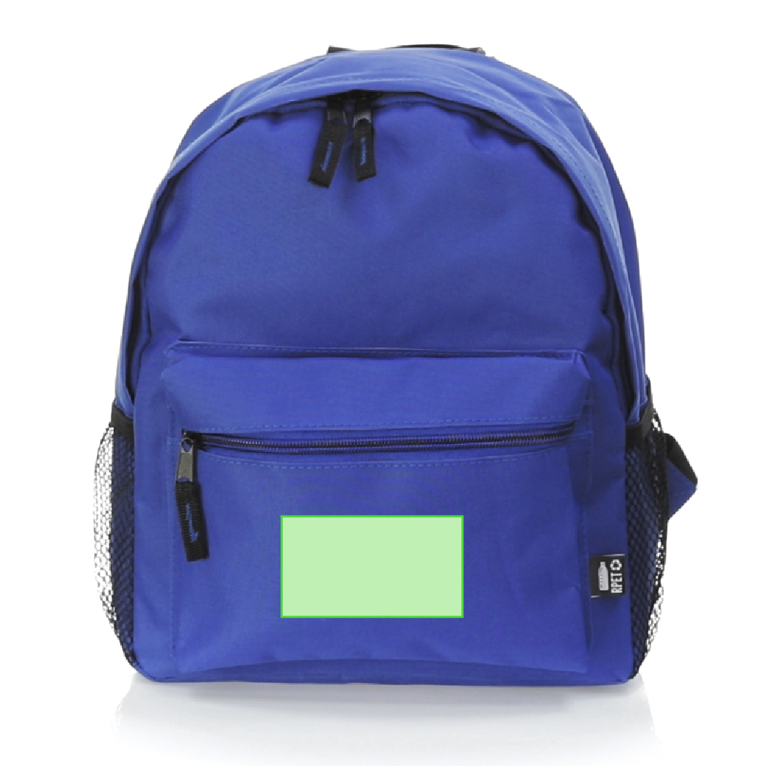 Mochila infantil de RPET 600D con redecilla lateral, bolsillo frontal y distintivo RPET