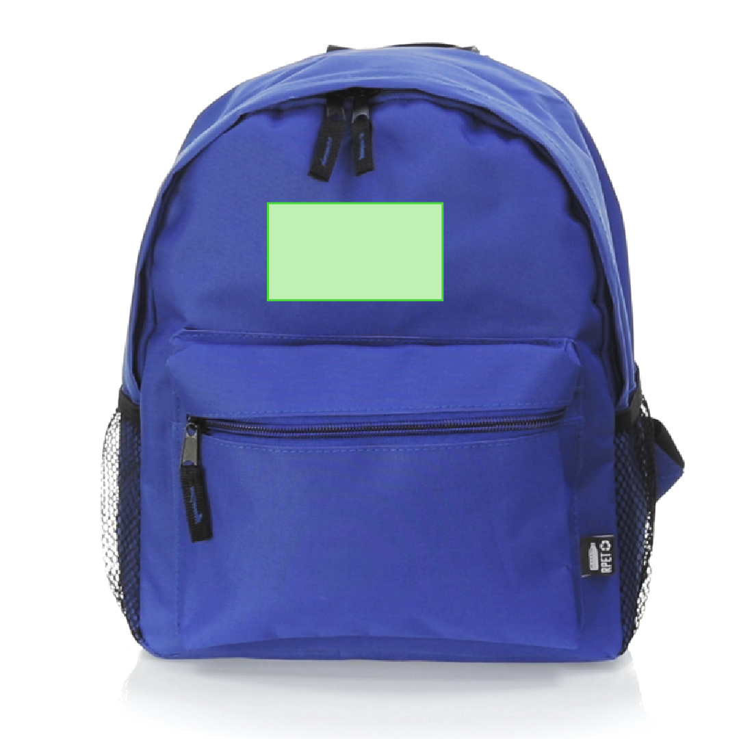 Mochila infantil de RPET 600D con redecilla lateral, bolsillo frontal y distintivo RPET