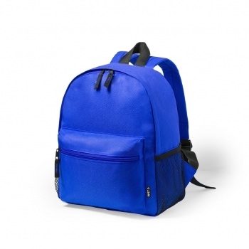 Mochila infantil de RPET 600D con redecilla lateral, bolsillo frontal y distintivo RPET