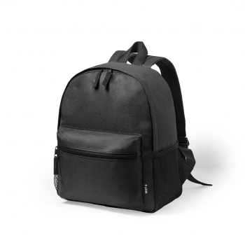 Mochila infantil de RPET 600D con redecilla lateral, bolsillo frontal y distintivo RPET