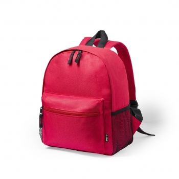 Mochila infantil de RPET 600D con redecilla lateral, bolsillo frontal y distintivo RPET