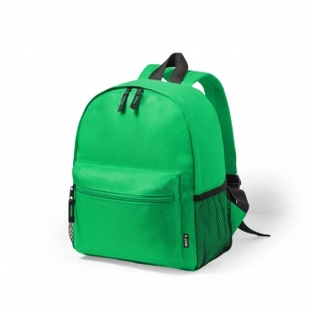 Mochila infantil de RPET 600D con redecilla lateral, bolsillo frontal y distintivo RPET