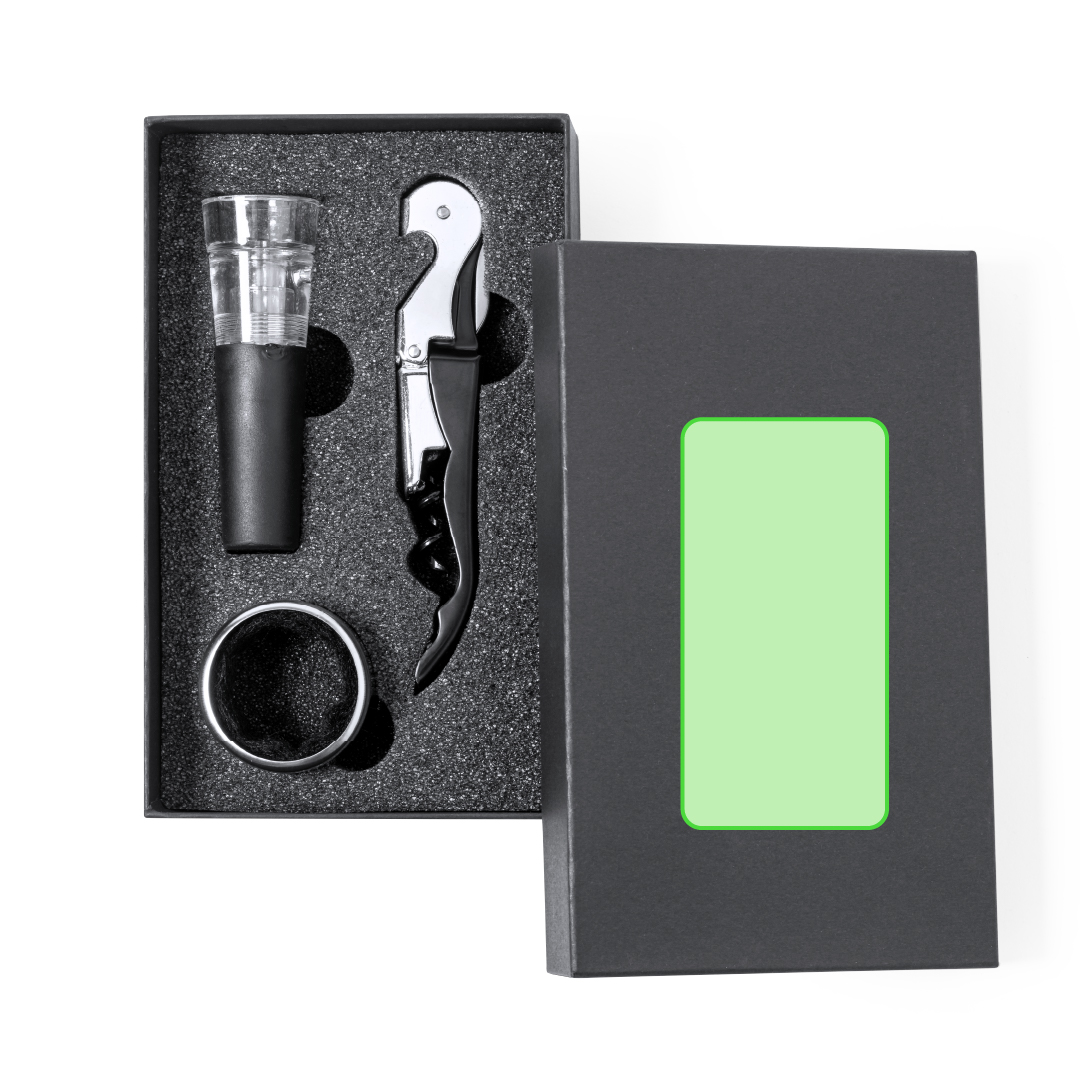 Set de vinos negro 3 accesorios en estuche troquelado de espuma