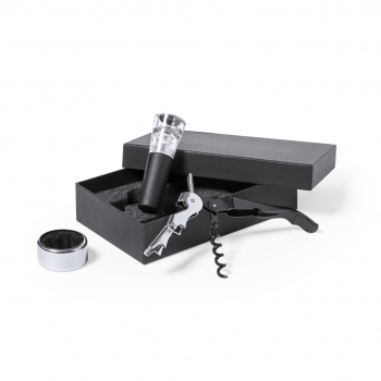 Set de vinos negro 3 accesorios en estuche troquelado de espuma