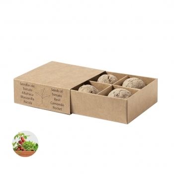 Kit huerto de cartón reciclado con 4 semillas tomate albahaca rúcula y manzanilla