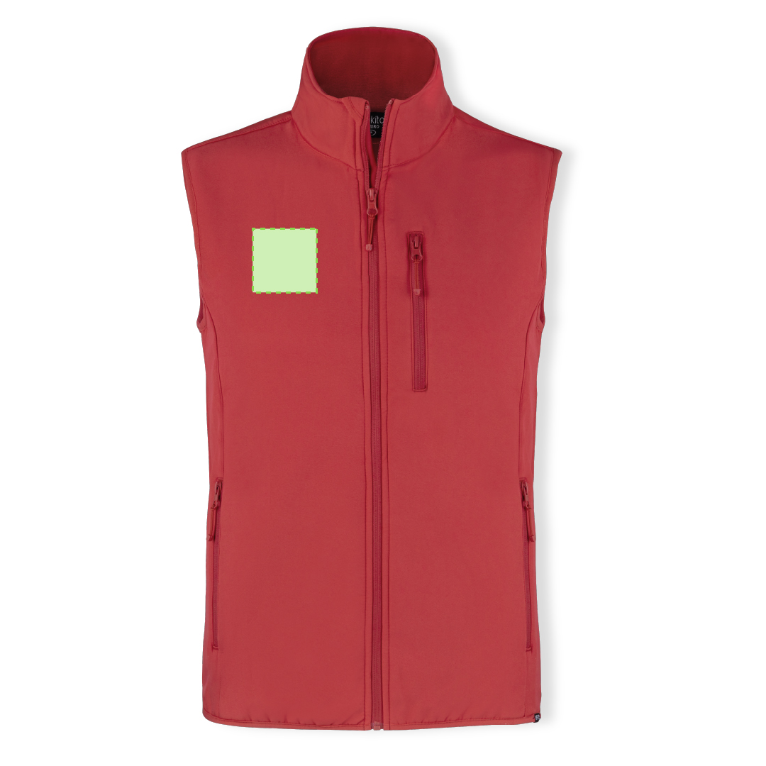 Chaleco Jandro adulto soft shell RPET doble capa — exterior soft shell RPET/elastano + interior microfleece RPET 300 g/m², distintivo eco