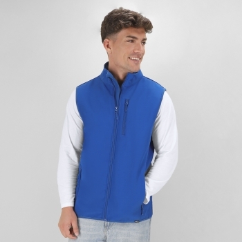 Chaleco Jandro adulto soft shell RPET doble capa — exterior soft shell RPET/elastano + interior microfleece RPET 300 g/m², distintivo eco