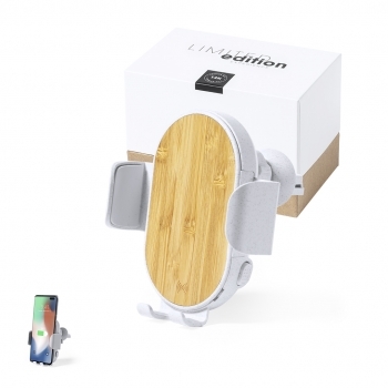 Soporte cargador inalámbrico 15W caña trigo bambú ajustable rejilla ventilación