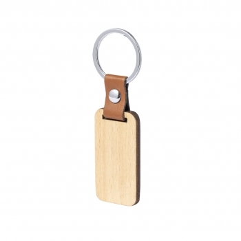 Llavero de madera natural con cinta de polipiel marrón y remache cromado