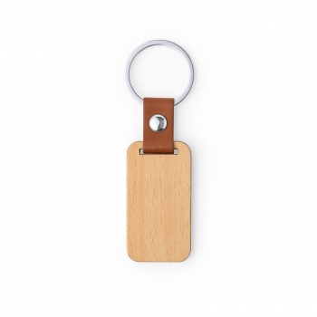 Llavero de madera natural con cinta de polipiel marrón y remache cromado