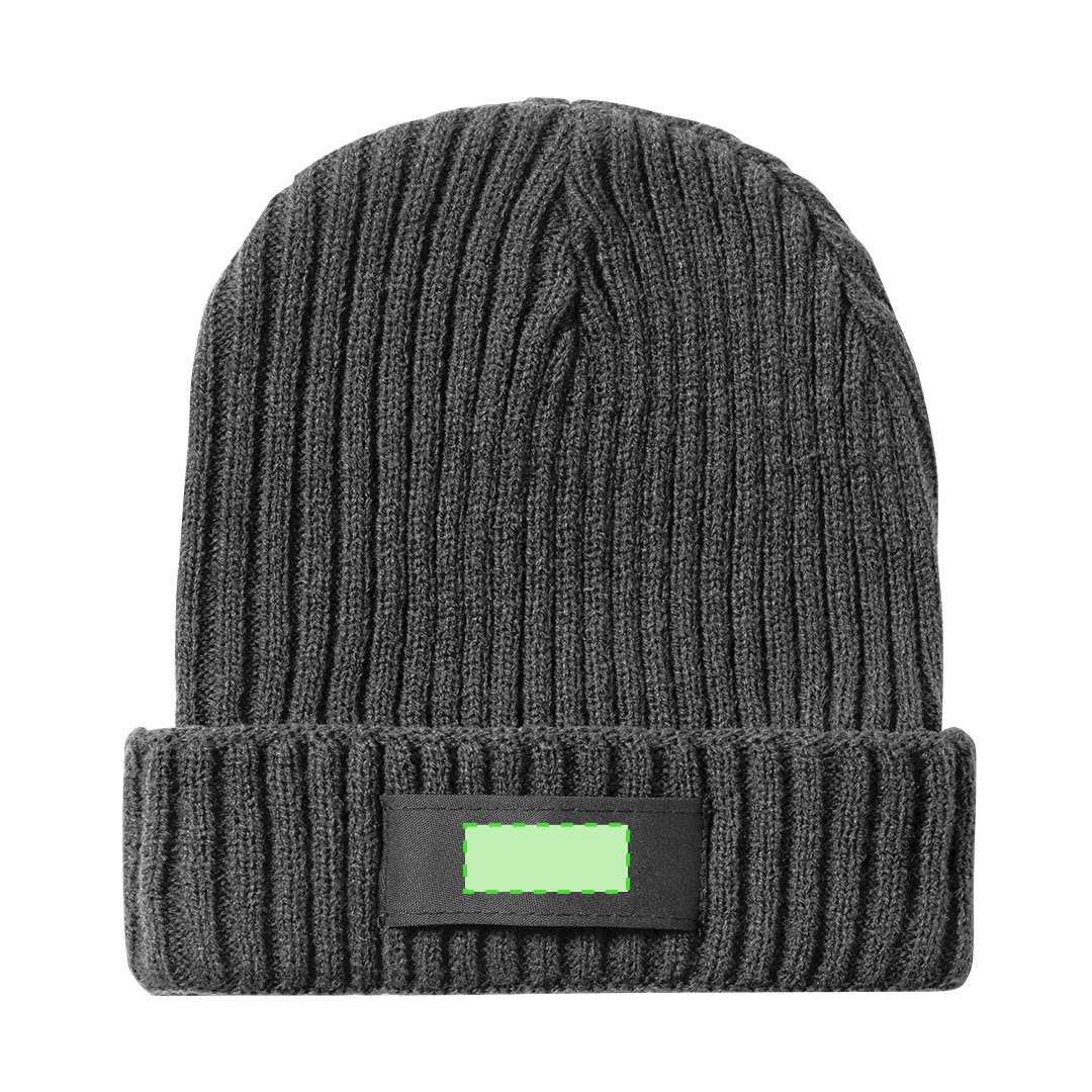 Gorro de punto de canalé en acrílico elástico con etiqueta frontal a juego para marcaje