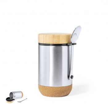 Fiambrera de acero inox con base corcho y tapón bambú 450 ml — cuchara inox incluida