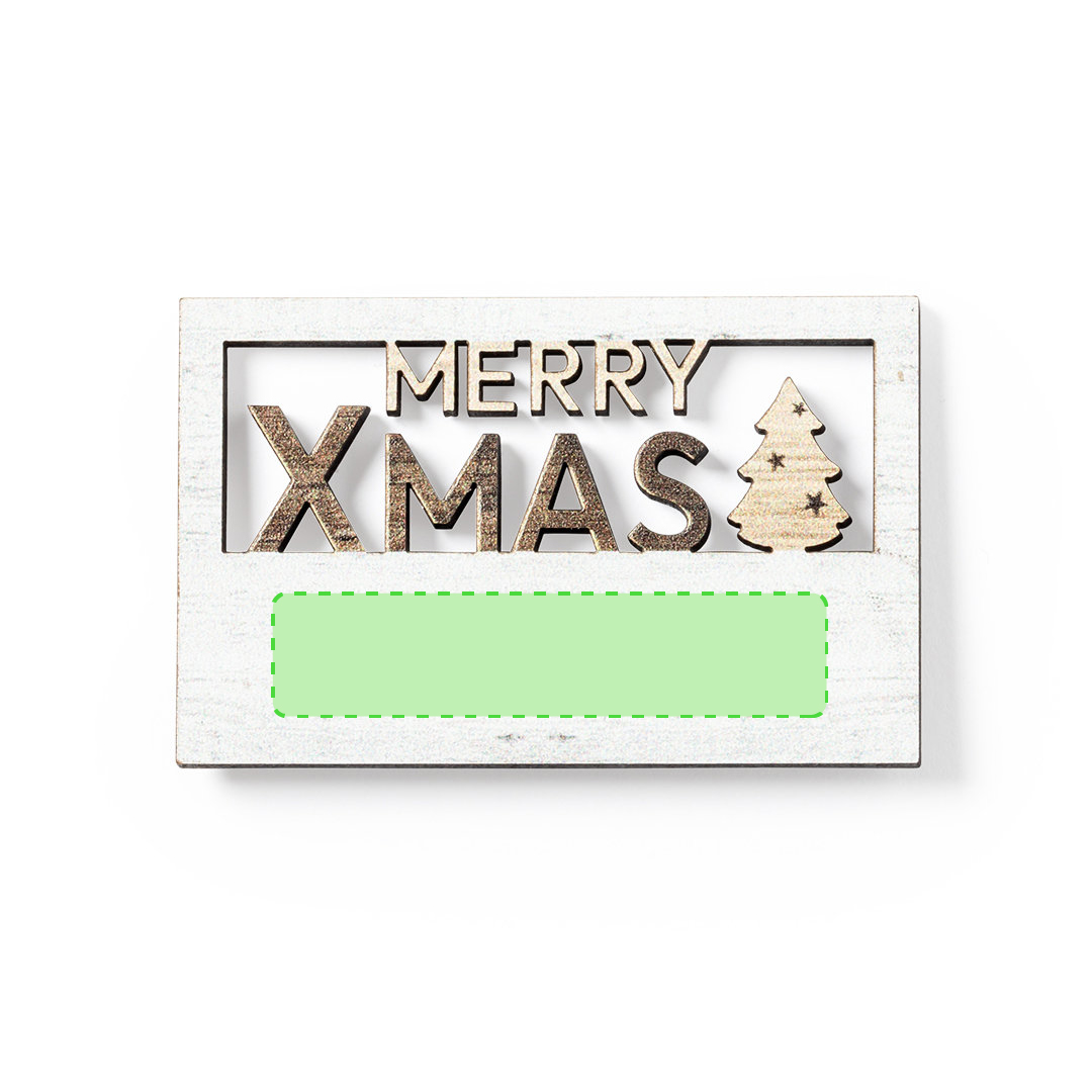 Imán Merry Christmas Lambet de madera — texto troquelado, acabado bicolor, amplia superficie de marcaje, Made In Europe