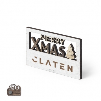 Imán Merry Christmas Lambet de madera — texto troquelado, acabado bicolor, amplia superficie de marcaje, Made In Europe