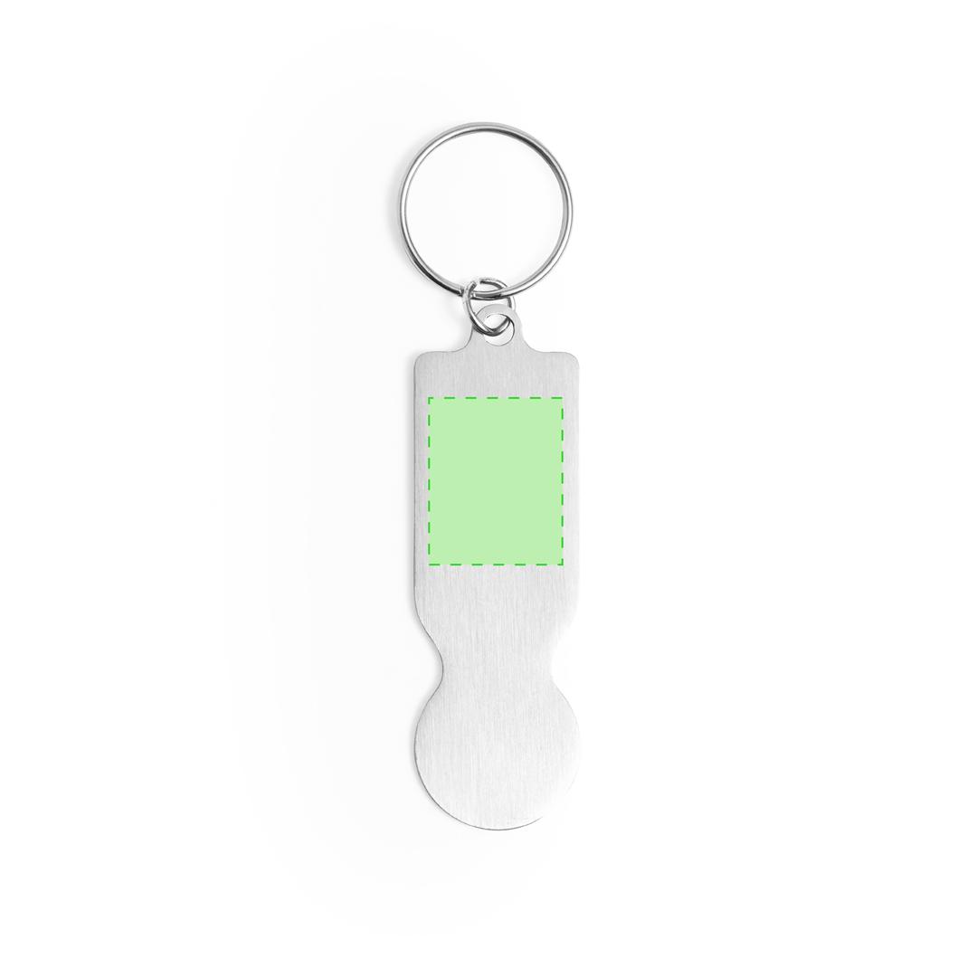 Llavero moneda de aluminio reciclado plateado con distintivo y amplia superficie de marcaje
