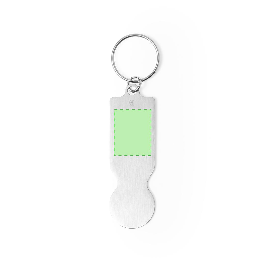 Llavero moneda de aluminio reciclado plateado con distintivo y amplia superficie de marcaje