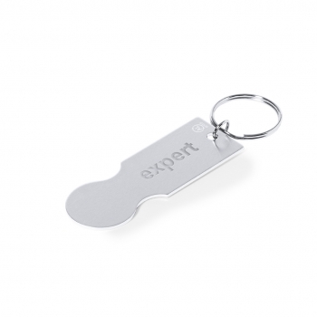 Llavero moneda de aluminio reciclado plateado con distintivo y amplia superficie de marcaje