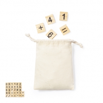 Juego cálculo de madera natural pino 32 piezas bolsa algodón cordones