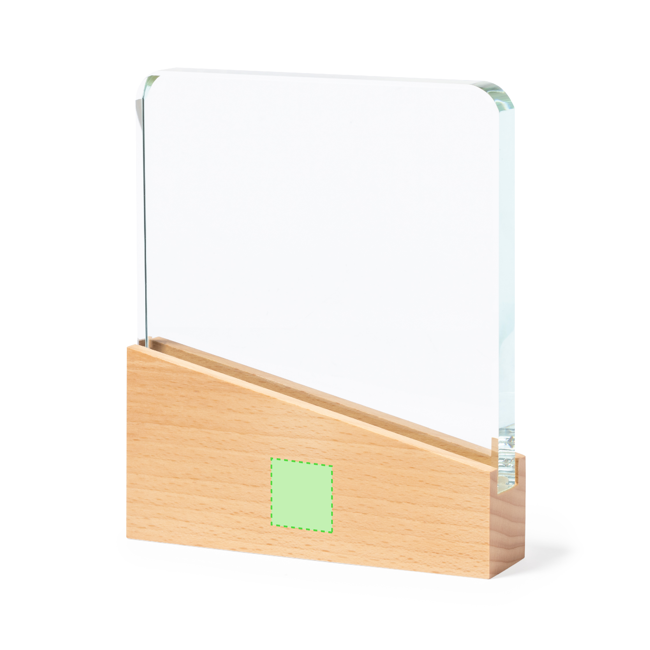 Placa conmemorativa de cristal grueso con base de madera 15×18 cm 1.200 g estuche kraft