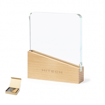 Placa conmemorativa de cristal grueso con base de madera 15×18 cm 1.200 g estuche kraft