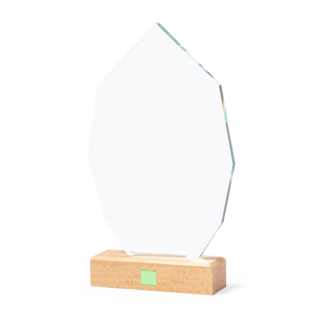 Placa conmemorativa de cristal grueso con base de madera 15×24,5 cm 950 g estuche kraft