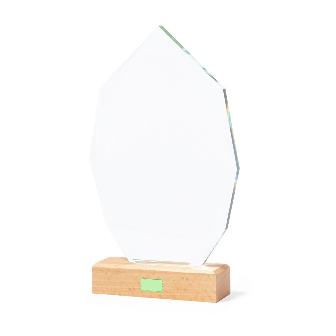 Placa conmemorativa de cristal grueso con base de madera 15×24,5 cm 950 g estuche kraft