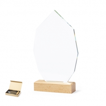 Placa conmemorativa de cristal grueso con base de madera 15×24,5 cm 950 g estuche kraft