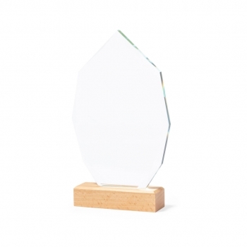 Placa conmemorativa de cristal grueso con base de madera 15×24,5 cm 950 g estuche kraft