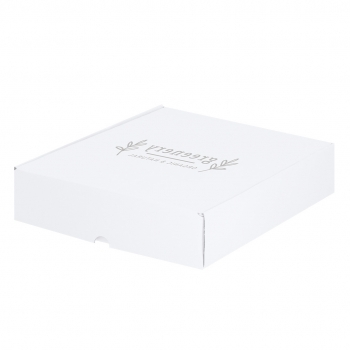 Caja de presentación mediana en cartón corrugado blanco — 21x25x5 cm, formato plano de la gama blanca