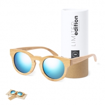 Gafas de sol Limited Edition de bambú con lentes efecto espejo — bolsita de transporte con cordón y presentación en estuche exclusivo con tarjeta de cartón reciclado