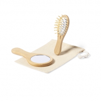 Set espejo y cepillo de madera natural en funda 100% algodón con cordón