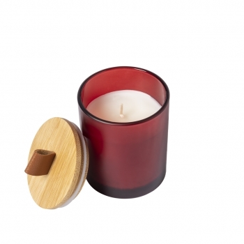 Vela aromática de cristal con tapa de bambú aromas vainilla y sándalo