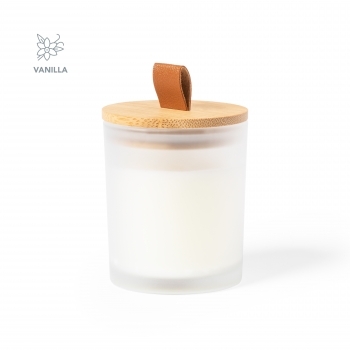 Vela aromática de cristal con tapa de bambú aromas vainilla y sándalo