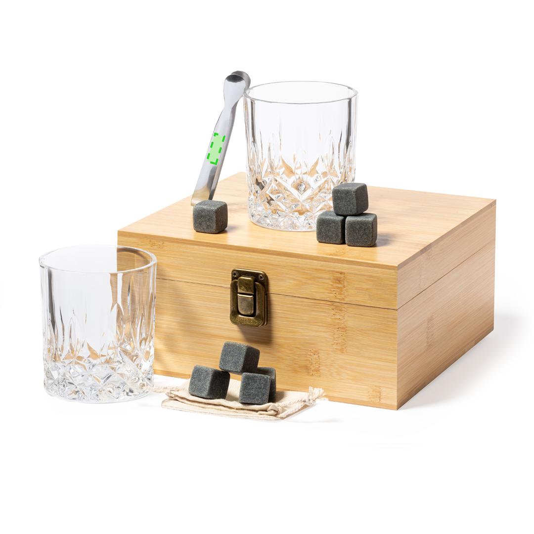 Set de whisky de bambú con vasos de cristal y cubitos de piedra natural