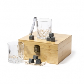 Set de whisky de bambú con vasos de cristal y cubitos de piedra natural