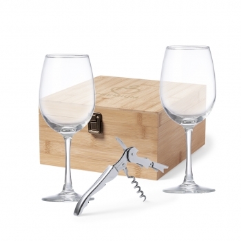 Set de vinos de bambú con copas de cristal y sacacorchos de acero inoxidable