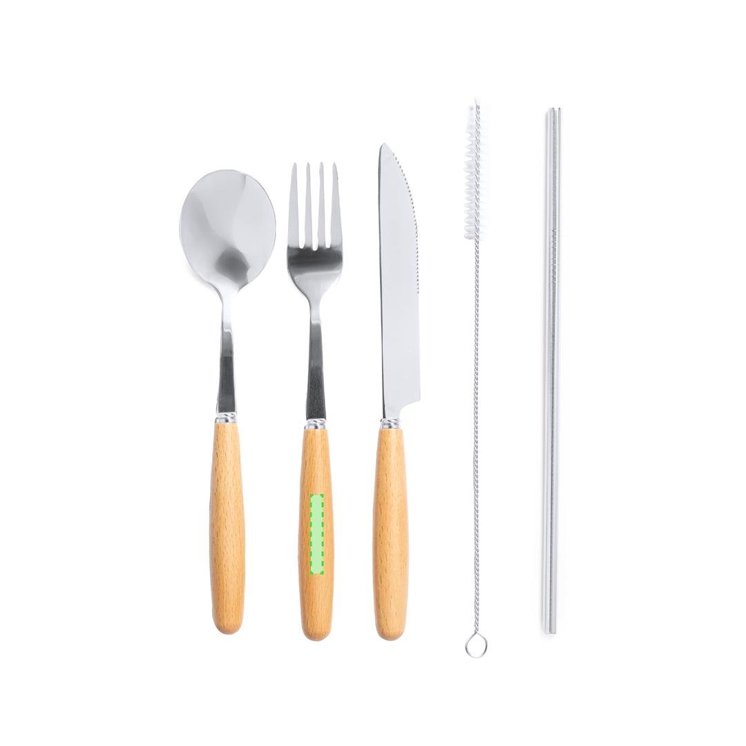 Set 5 cubiertos de acero inox con mango de madera natural — pajita y limpiador — en funda canvas