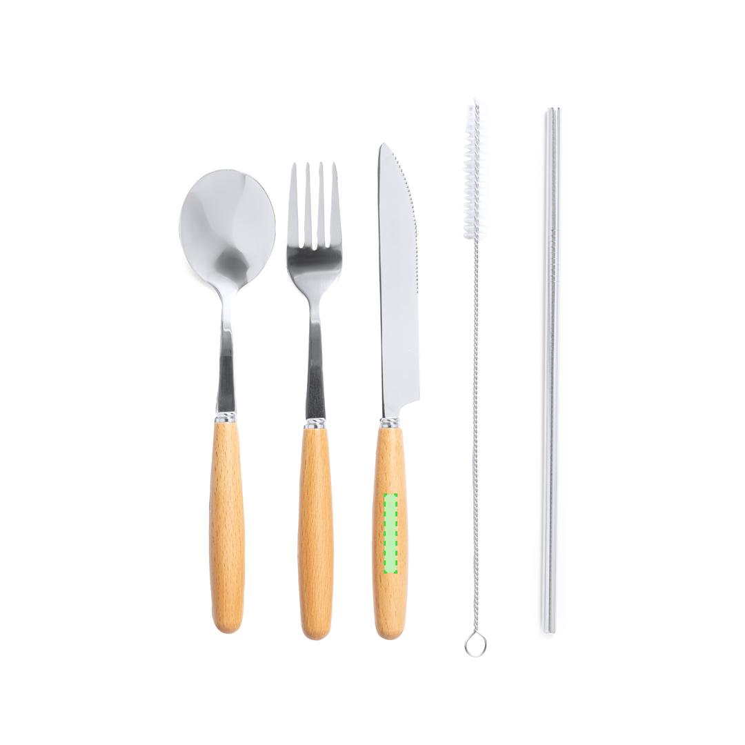 Set 5 cubiertos de acero inox con mango de madera natural — pajita y limpiador — en funda canvas