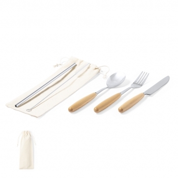 Set 5 cubiertos de acero inox con mango de madera natural — pajita y limpiador — en funda canvas