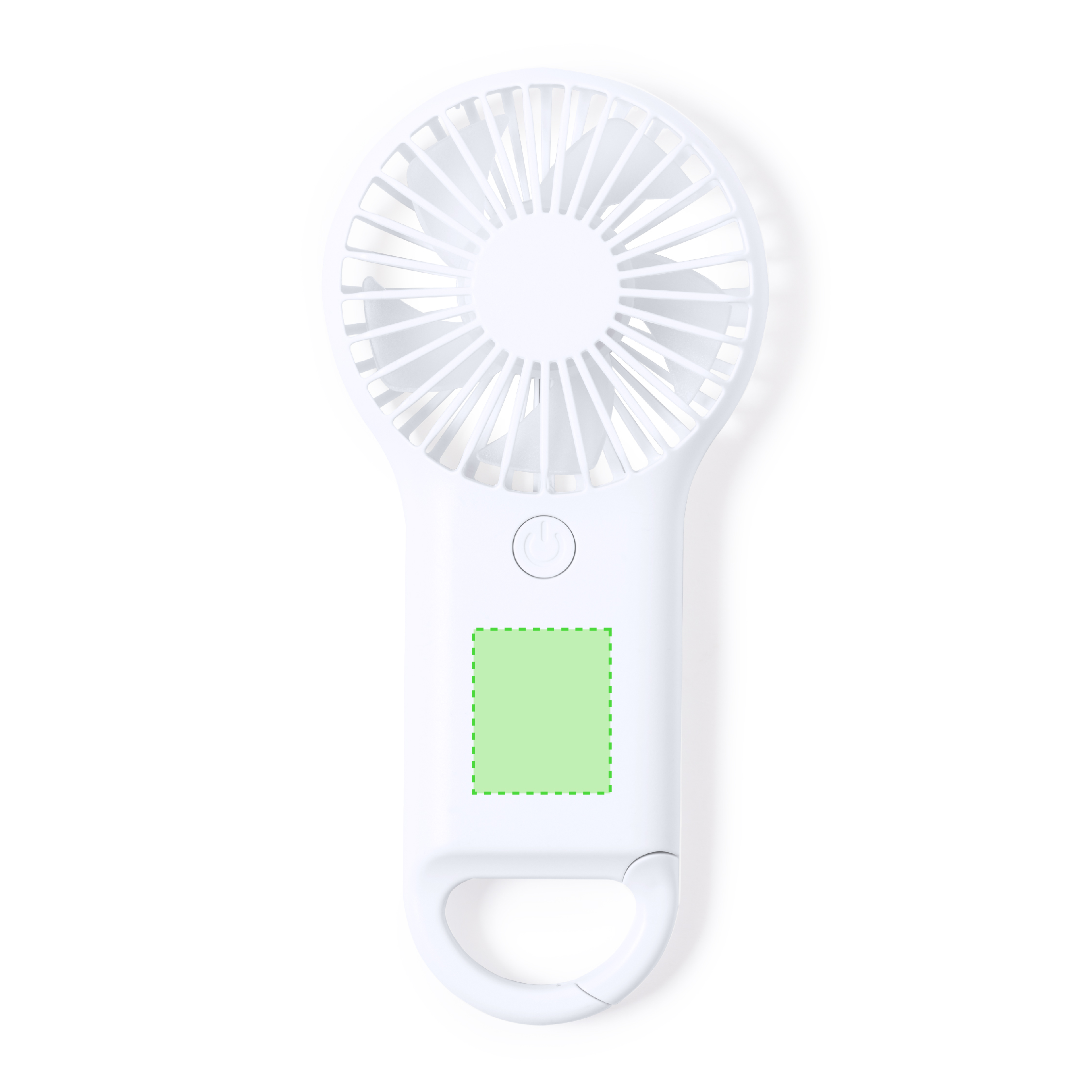 Ventilador portátil de ABS blanco con mosquetón integrado, 2 velocidades y alimentación a pilas — caja kraft (8x17,5 cm)