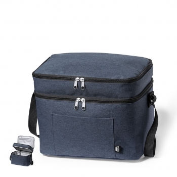 Nevera RPET 600D con 2 compartimentos, doble tirador metálico, bandolera y bolsillo exterior