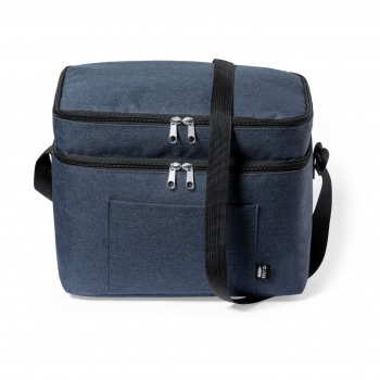 Nevera RPET 600D con 2 compartimentos, doble tirador metálico, bandolera y bolsillo exterior