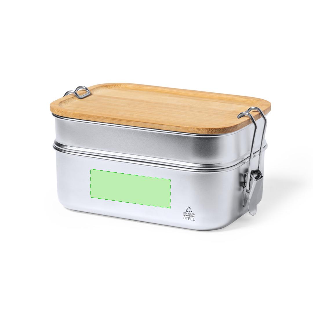 Fiambrera de acero inox reciclado 940 ml — dos compartimentos con tapa de bambú y cierres de seguridad