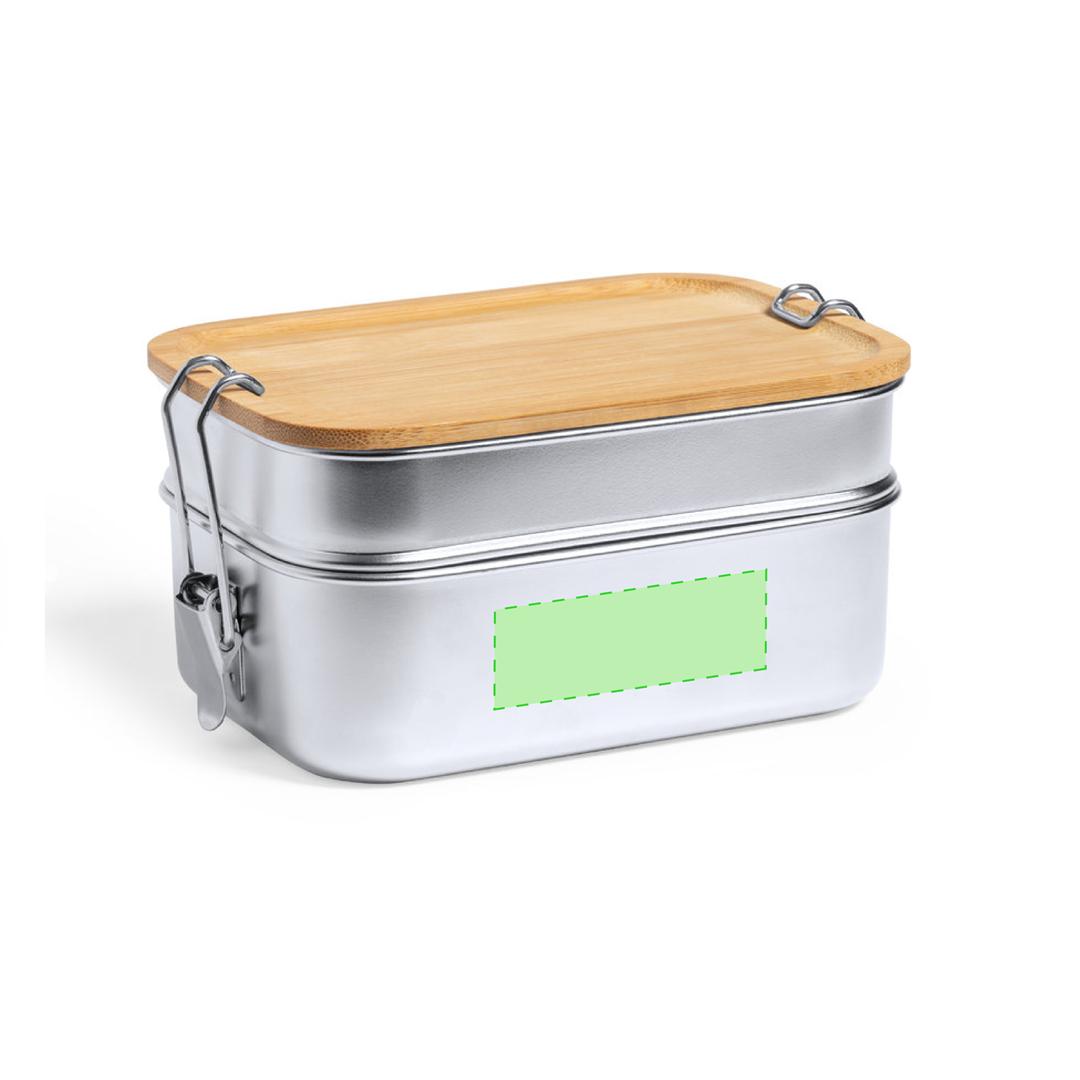 Fiambrera de acero inox reciclado 940 ml — dos compartimentos con tapa de bambú y cierres de seguridad