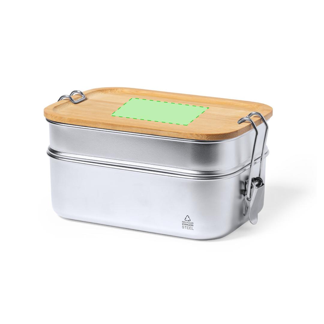 Fiambrera de acero inox reciclado 940 ml — dos compartimentos con tapa de bambú y cierres de seguridad
