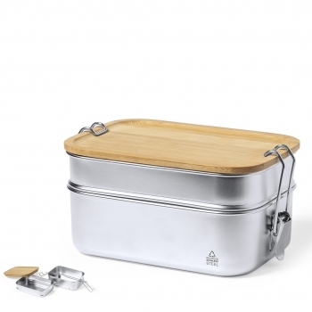 Fiambrera de acero inox reciclado 940 ml — dos compartimentos con tapa de bambú y cierres de seguridad