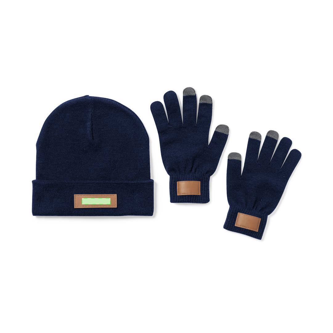 Set de gorro y guantes táctiles en acrílico con parche de polipiel cosido para marcaje — talla única adulto
