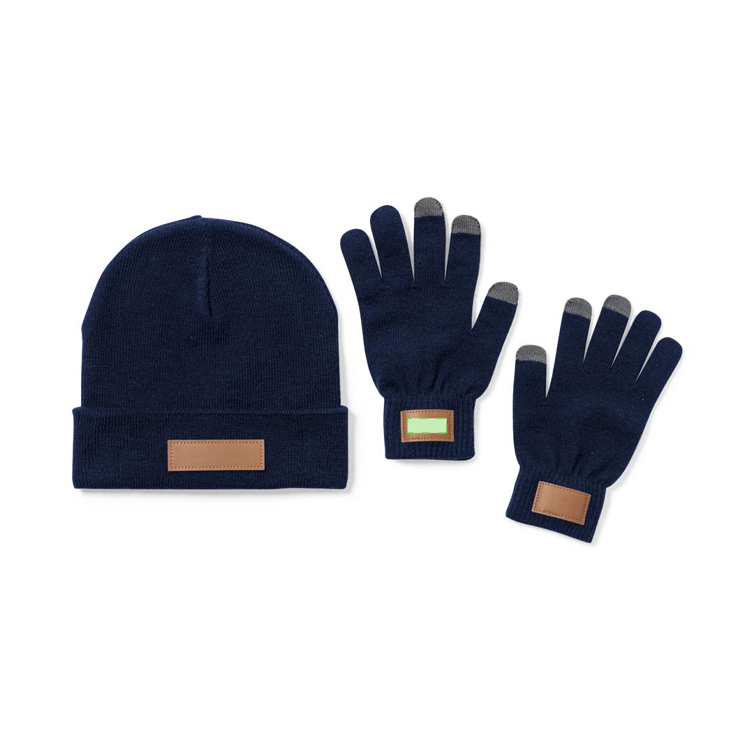Set de gorro y guantes táctiles en acrílico con parche de polipiel cosido para marcaje — talla única adulto